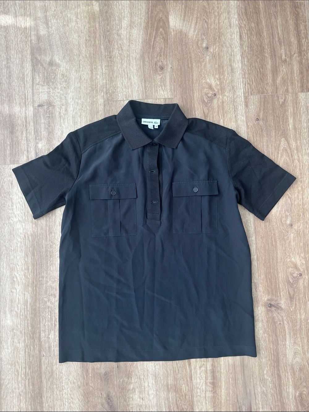 Lacoste Black Short-Sleeve Silk Polo with Dual Chest Pockets